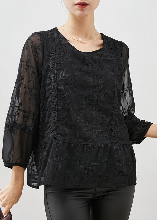 Boho Schwarze bestickte Tüllbluse, Top, Armband, Ärmel, YU1058