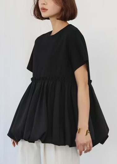 Patchwork Cotton Tops Boho Summer Ruffled Black