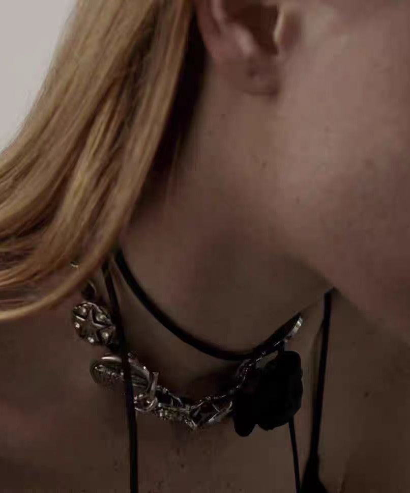 Boho Black Sterling Silver Rose Necklace YR011