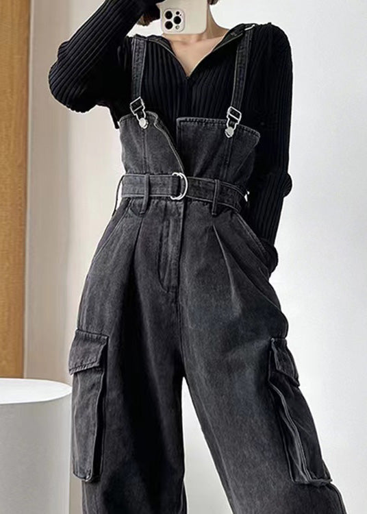 Summer Denim Pockets Black Jumpsuit Tunic Overalls Boho