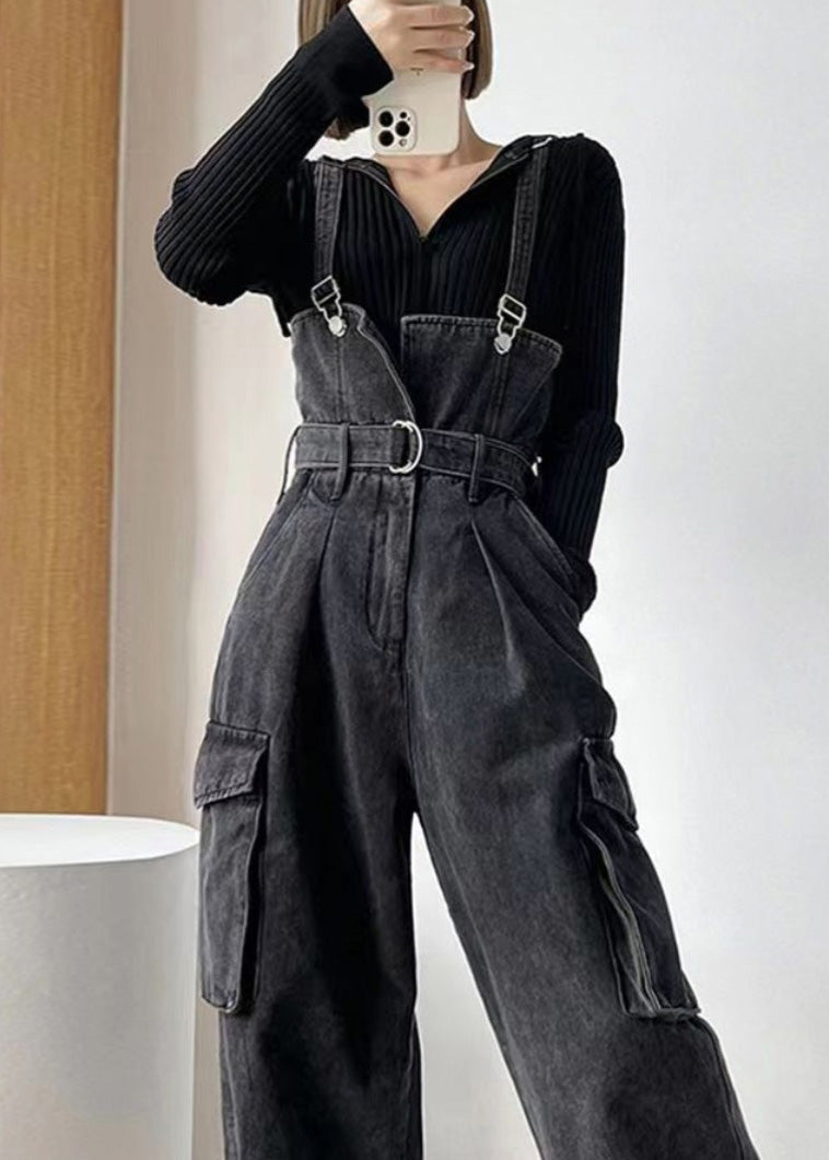 Summer Denim Pockets Black Jumpsuit Tunic Overalls Boho