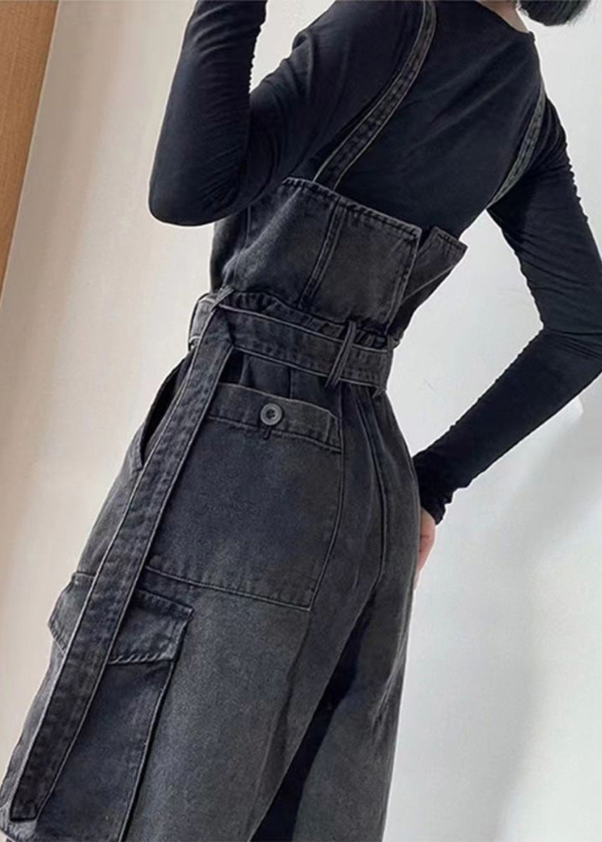 Summer Denim Pockets Black Jumpsuit Tunic Overalls Boho