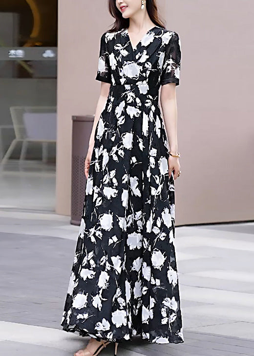 V Neck Summer Dress Black Chiffon Boho Print Long