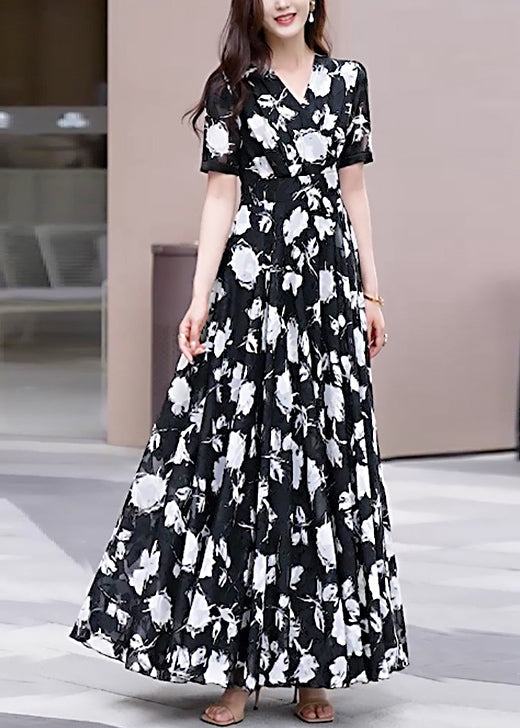 V Neck Summer Dress Black Chiffon Boho Print Long