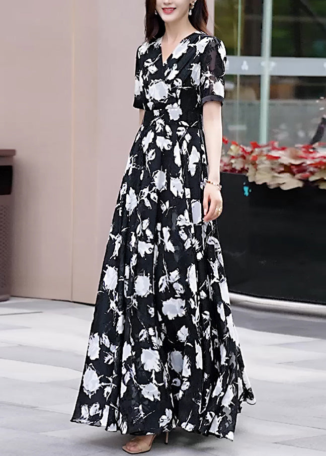 V Neck Summer Dress Black Chiffon Boho Print Long