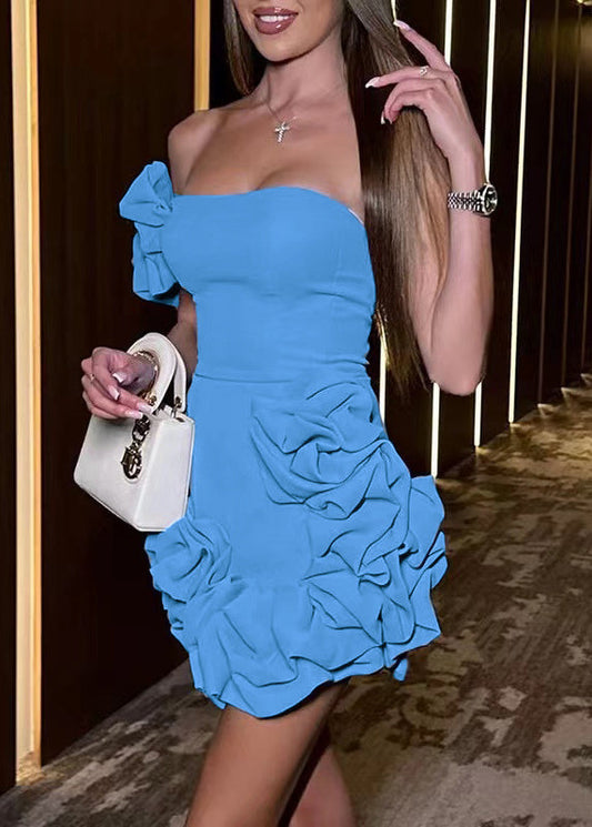 Boho Summer Wraped Dress Strapless Blue Backless