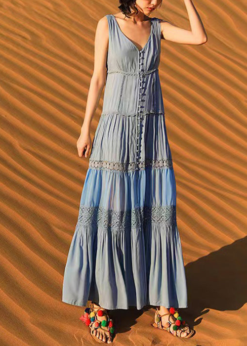 Hollow Sleeveless Dress Boho Out Blue Cotton Long Button