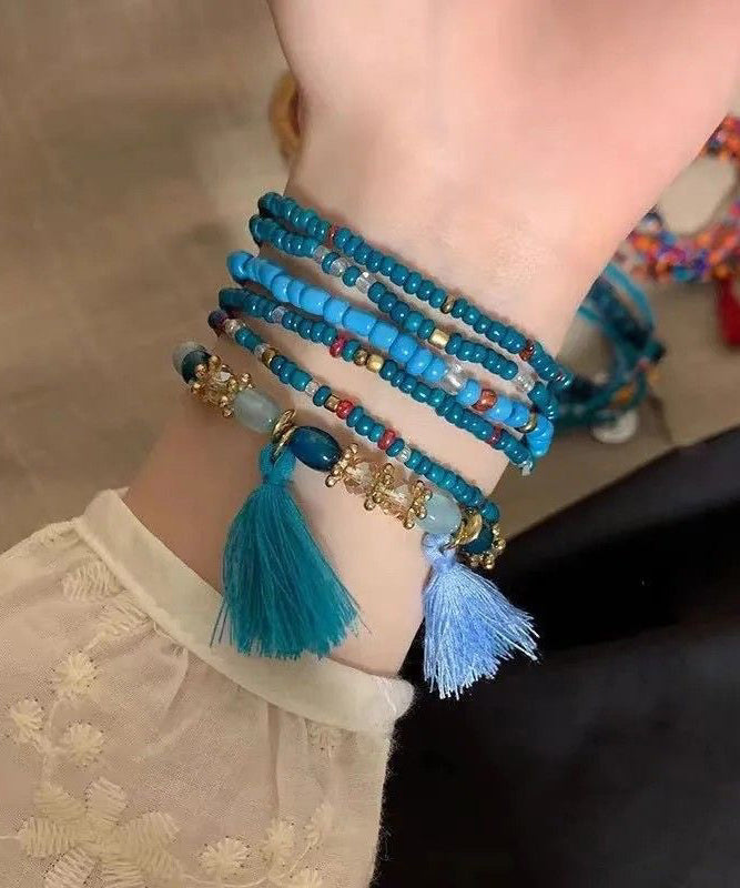 Bracelet Boho Hand Beading Multilayer Woven Tassel Charm Blue