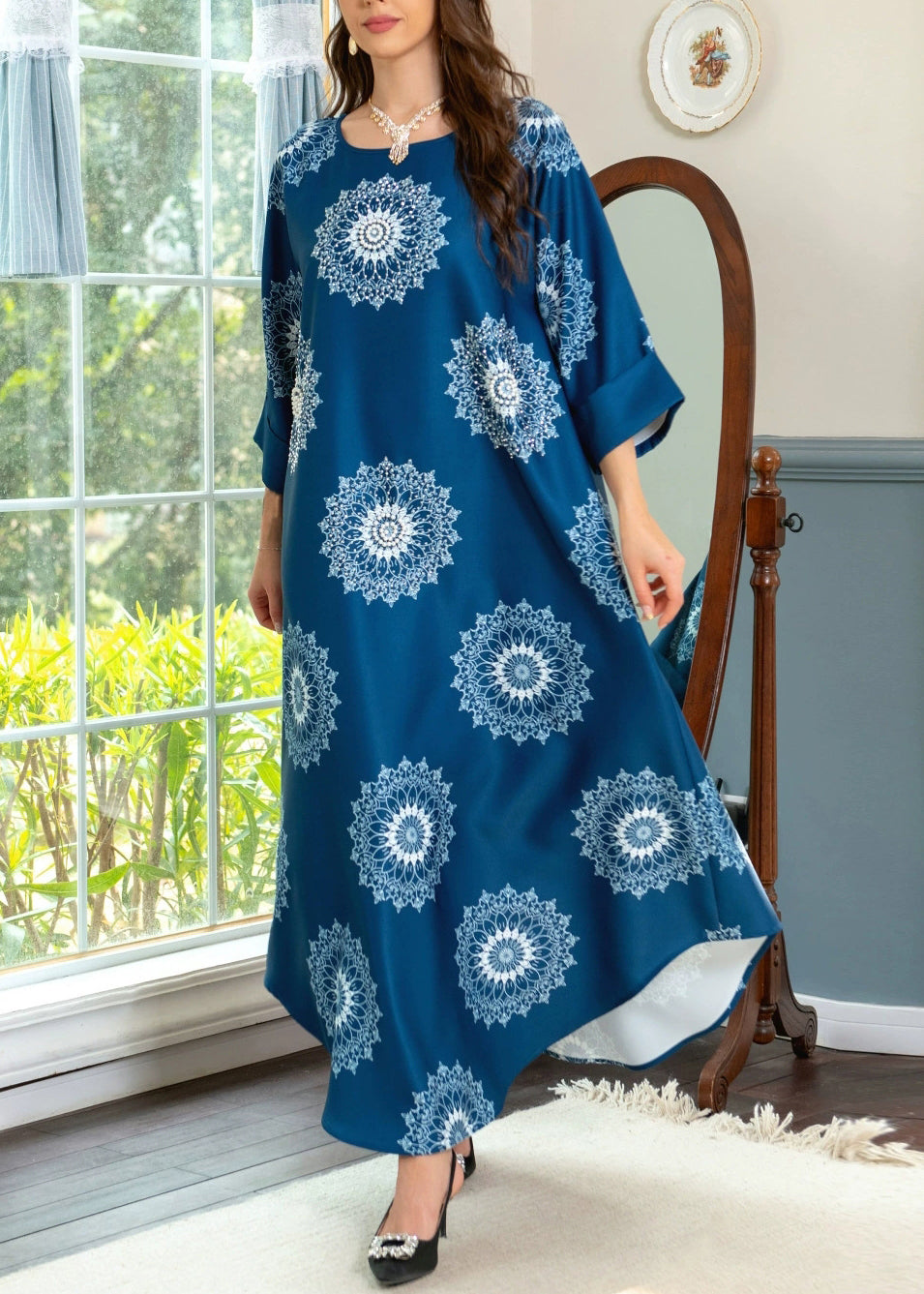 Boho Blue O Neck Print Cotton Maxi Dresses Summer AA1050