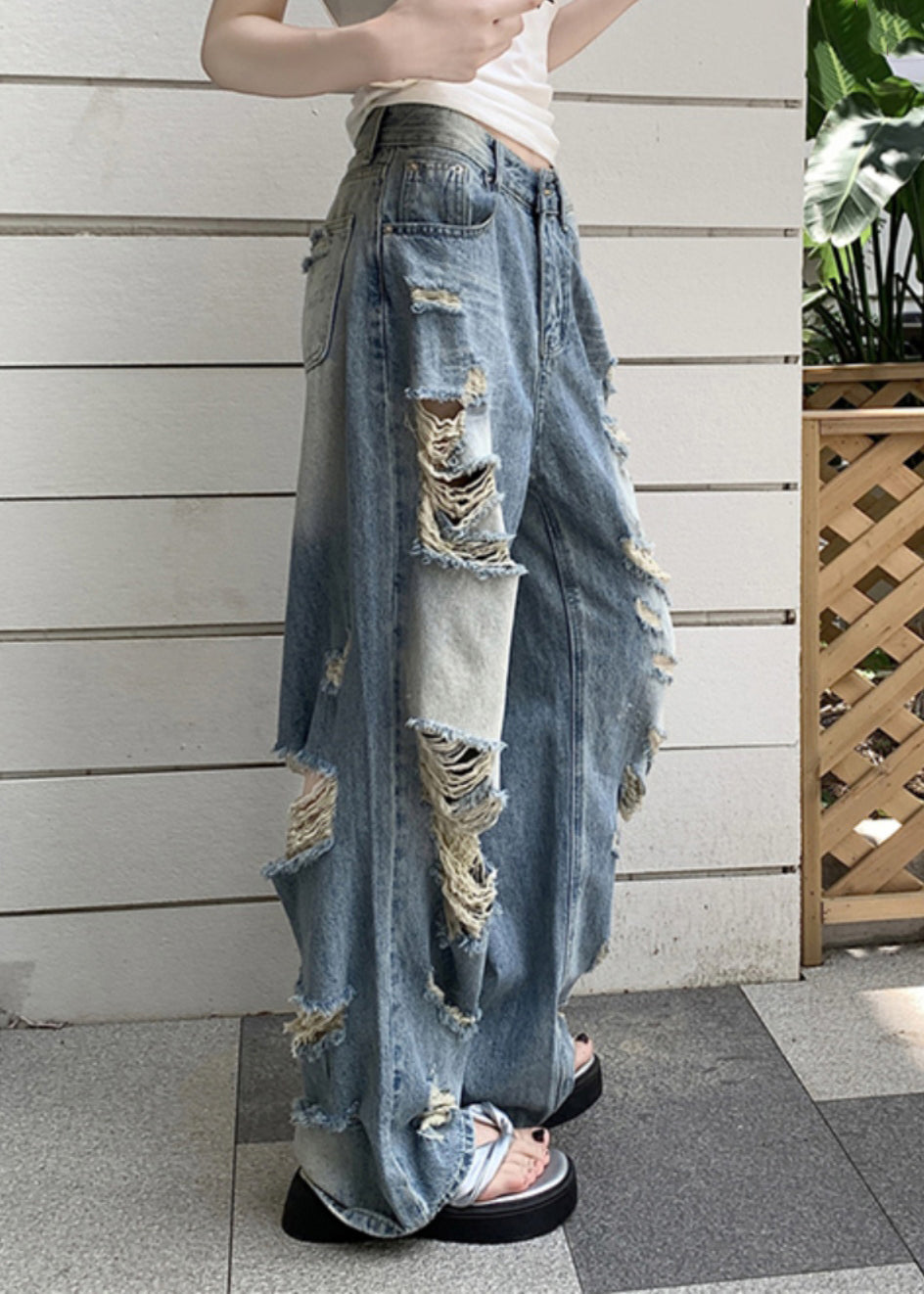 Boho Blue Pockets Patchwork Hole Denim Pants Fall QB039