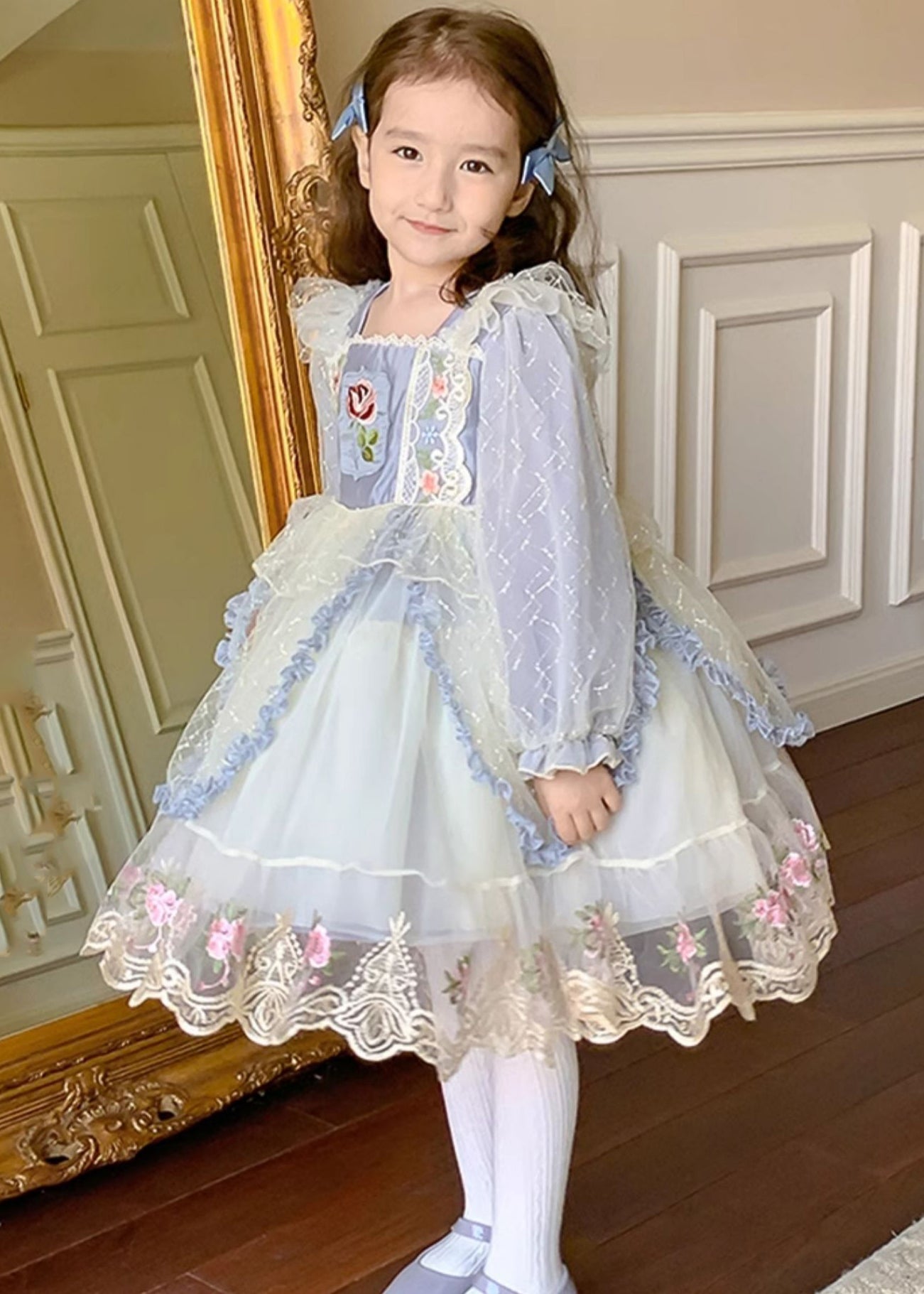 Boho Blue Square Collar Embroideried Tulle Kids Maxi Dress Spring YE032