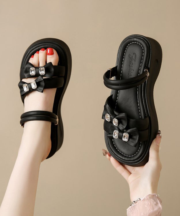 Splicing Slide Leather Boho Black Zircon Platform Faux Bow