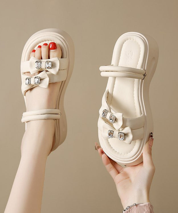 Splicing Slide Leather Boho Black Zircon Platform Faux Bow