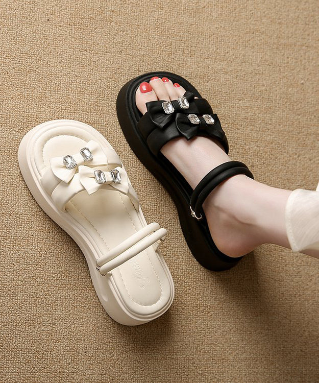 Splicing Slide Leather Boho Black Zircon Platform Faux Bow