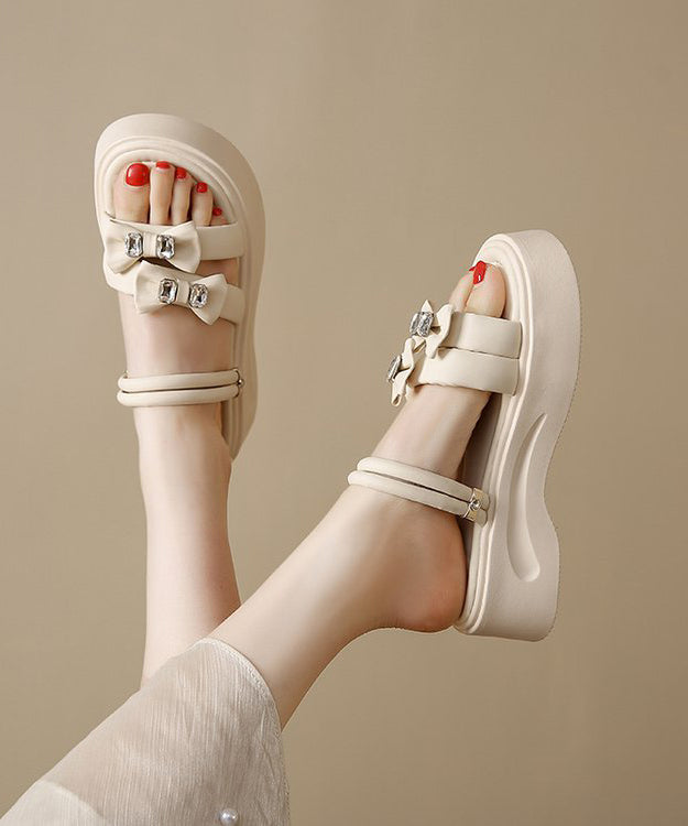 Splicing Slide Leather Boho Black Zircon Platform Faux Bow