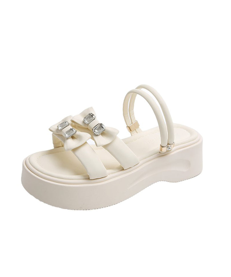 Splicing Slide Leather Boho Black Zircon Platform Faux Bow