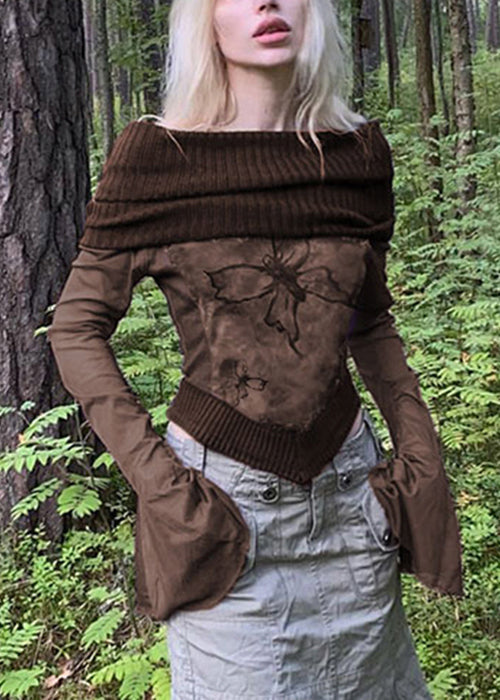 Flare Knit T Sleeve Brown Print Patchwork Shirts Boho