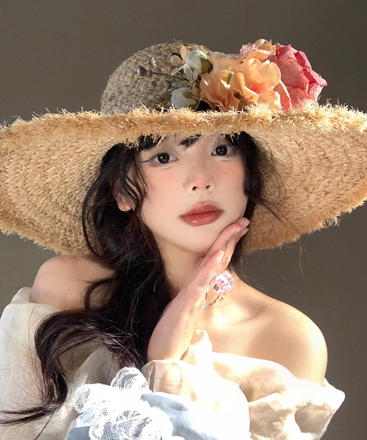 Boho Flower Brim Seaside Vacation Straw Woven Floppy Sun Hat WI014