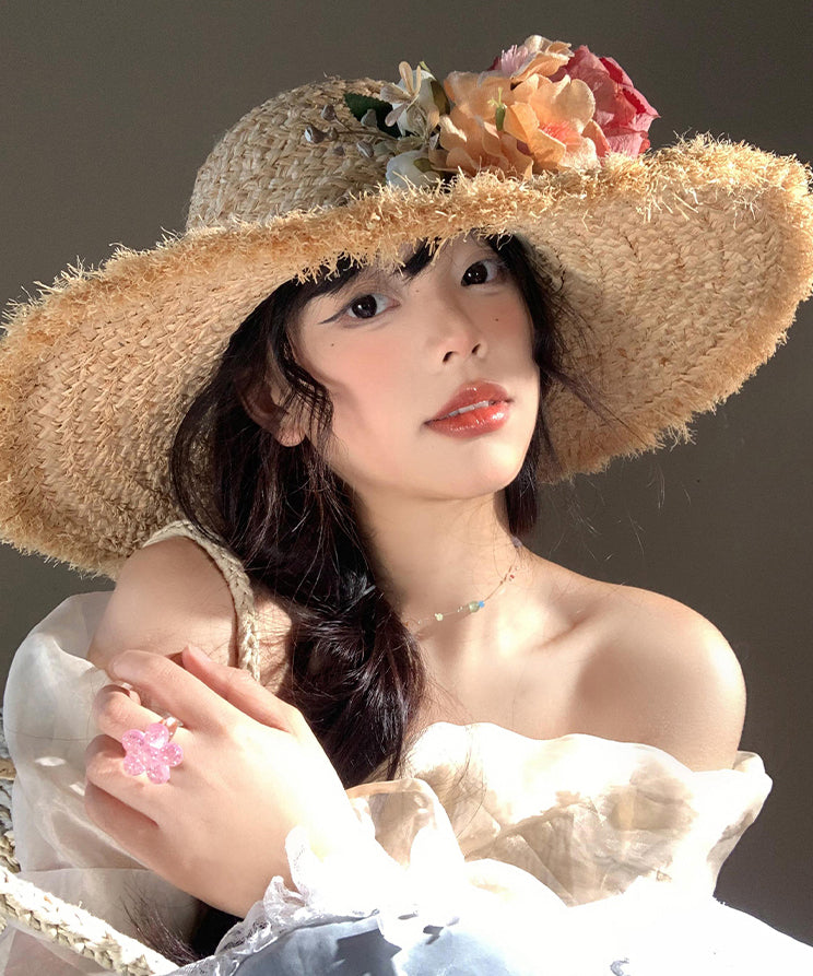 Boho Flower Brim Seaside Vacation Straw Woven Floppy Sun Hat WI014