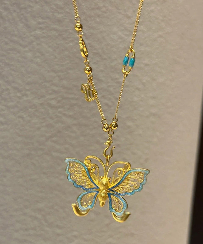 Boho Gold Sterling Silver Overgild Butterfly Hollow Out Pendant Necklace PO056