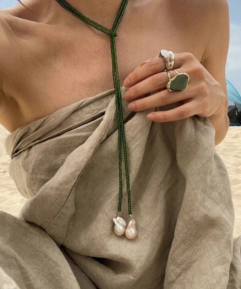 Boho Green Alloy Pearl Beading Pendant Necklace YA053