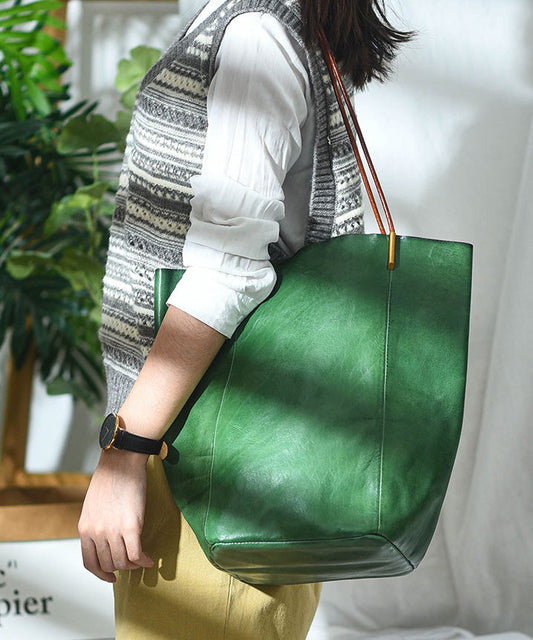 Large Bucket Bag Green Leather Capacity Boho
