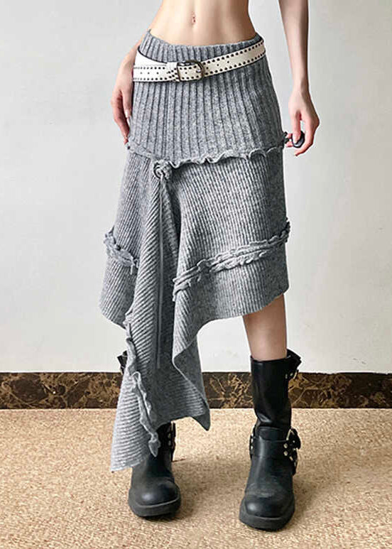 Boho Grey Asymmetrical Design Ruffled Knit Skirts Spring YP048