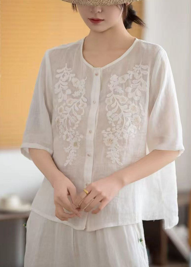 Half Grey Sleeve Boho Linen Embroidered Tops