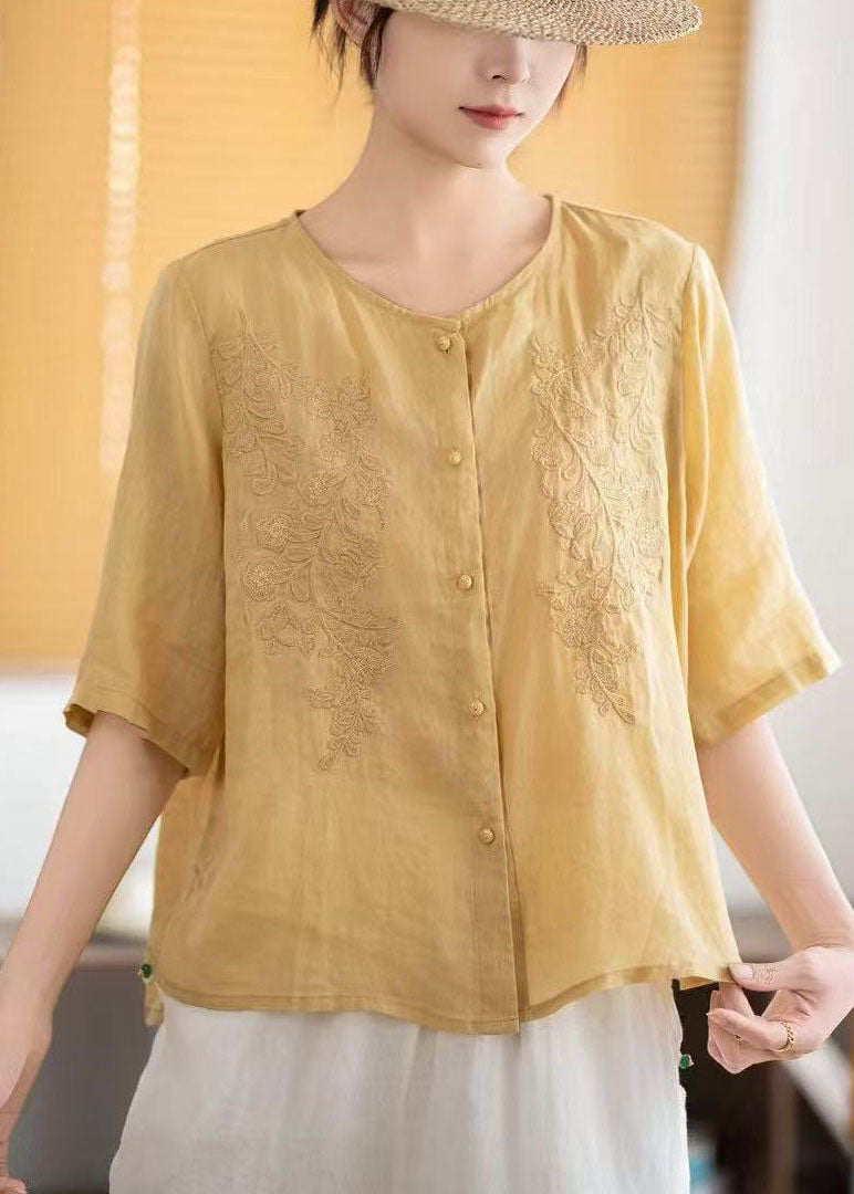 Half Grey Sleeve Boho Linen Embroidered Tops