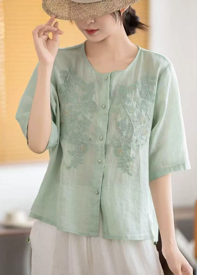Half Grey Sleeve Boho Linen Embroidered Tops