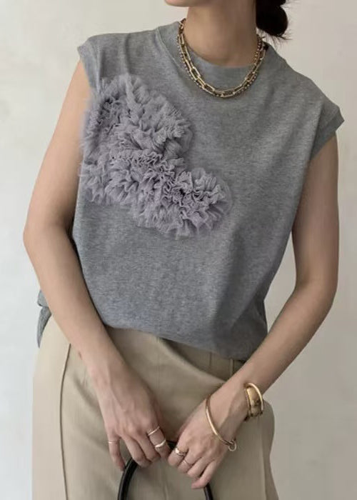 Cotton Tank Boho Tops Floral Decorated Grey Sleeveless