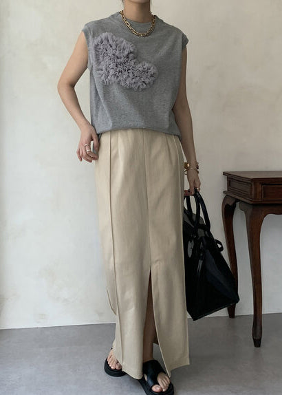 Cotton Tank Boho Tops Floral Decorated Grey Sleeveless