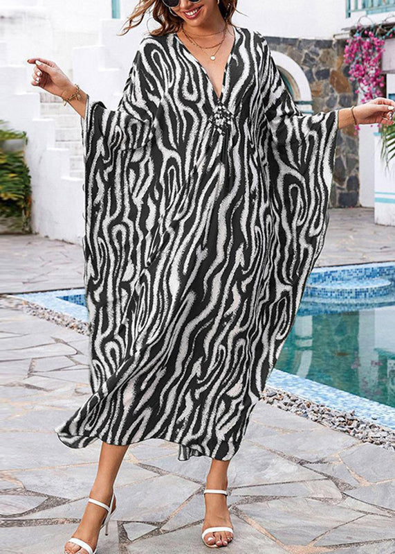 V Print Maxi Dresses Fall Boho Neck Side Open Grey