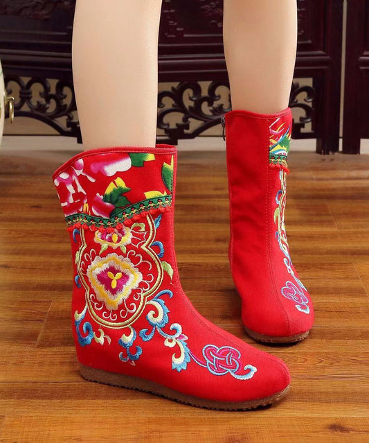 Bottes compensées confortables brodées rouges Boho faites à la main CZ1013