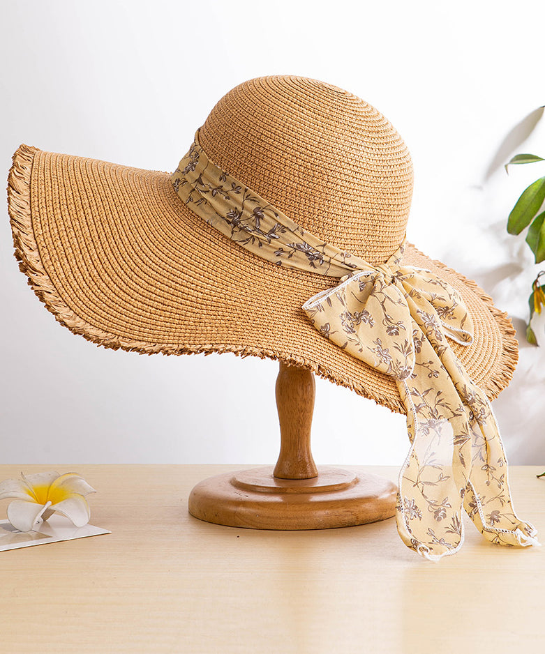 Boho Khaki Sun Bow Floppy Hat Big Woven Side Straw