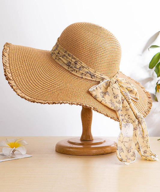 Boho Khaki Sun Bow Floppy Hat Big Woven Side Straw