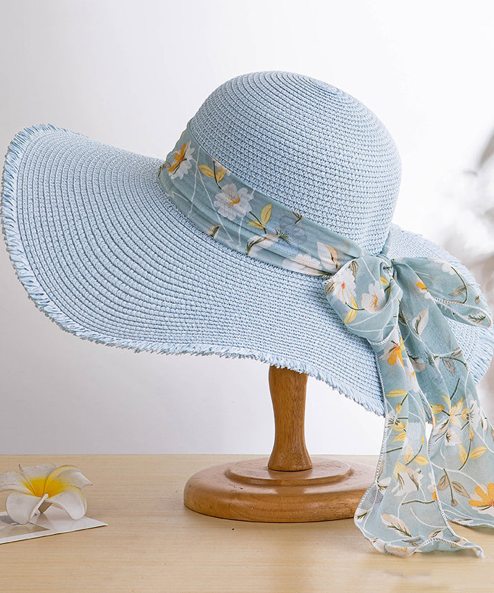 Boho Khaki Sun Bow Floppy Hat Big Woven Side Straw