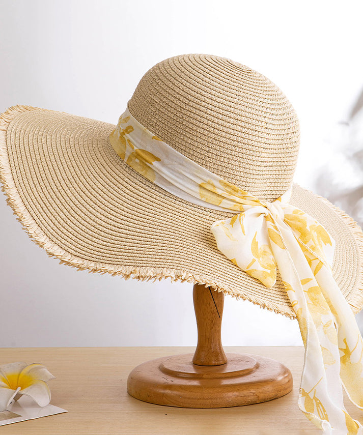 Boho Khaki Sun Bow Floppy Hat Big Woven Side Straw