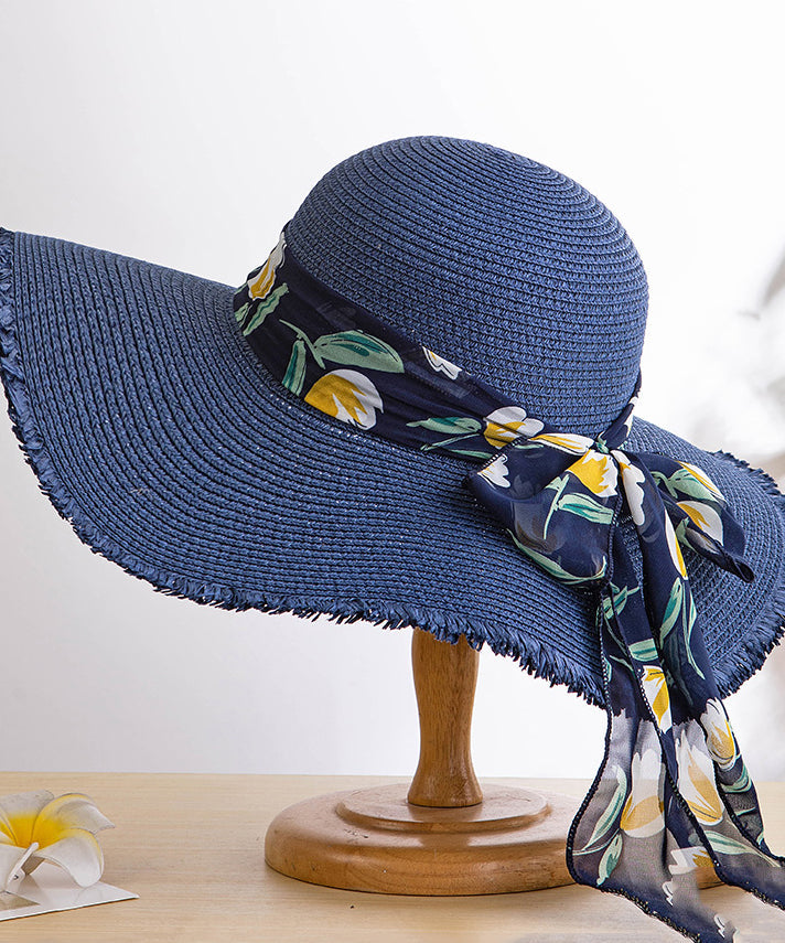 Boho Khaki Sun Bow Floppy Hat Big Woven Side Straw