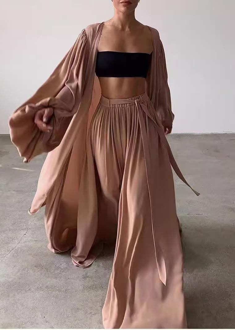 Oversized Khaki Three Set Boho Pieces Lantern Sleeve Chiffon