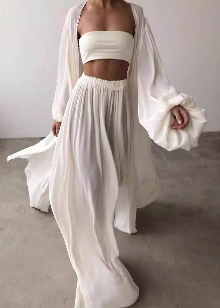 Oversized Khaki Three Set Boho Pieces Lantern Sleeve Chiffon