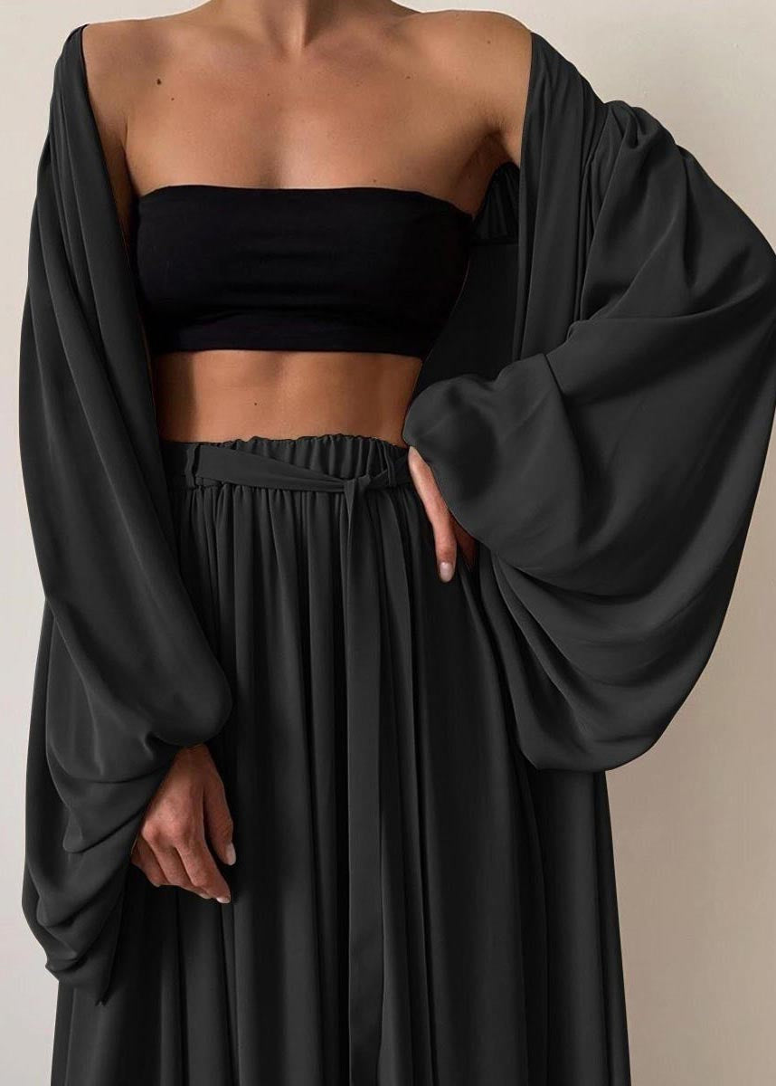 Oversized Khaki Three Set Boho Pieces Lantern Sleeve Chiffon