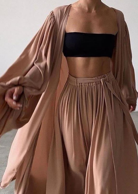 Oversized Khaki Three Set Boho Pieces Lantern Sleeve Chiffon
