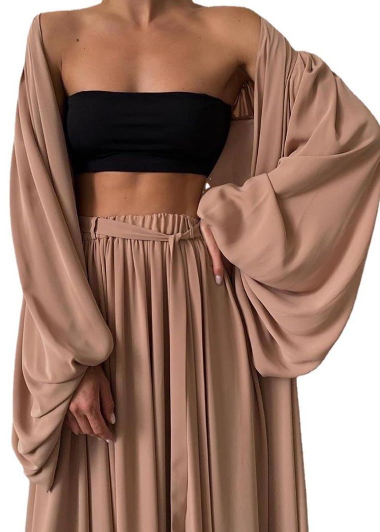 Oversized Khaki Three Set Boho Pieces Lantern Sleeve Chiffon