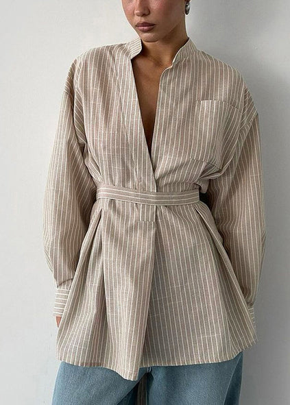 Tunic Boho Linen Top Shirt Khaki Striped Fall