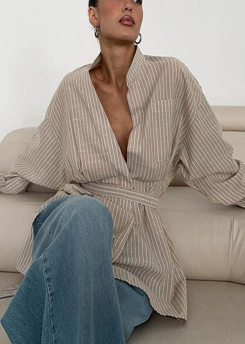 Tunic Boho Linen Top Shirt Khaki Striped Fall