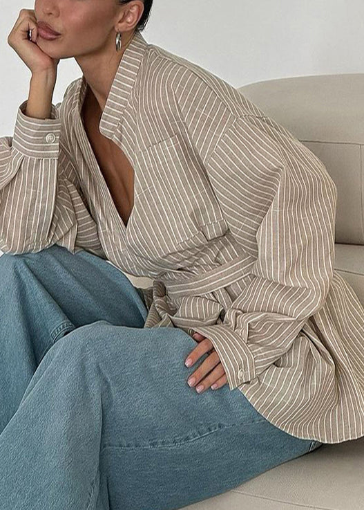 Tunic Boho Linen Top Shirt Khaki Striped Fall