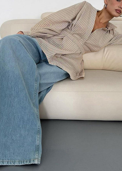 Tunic Boho Linen Top Shirt Khaki Striped Fall