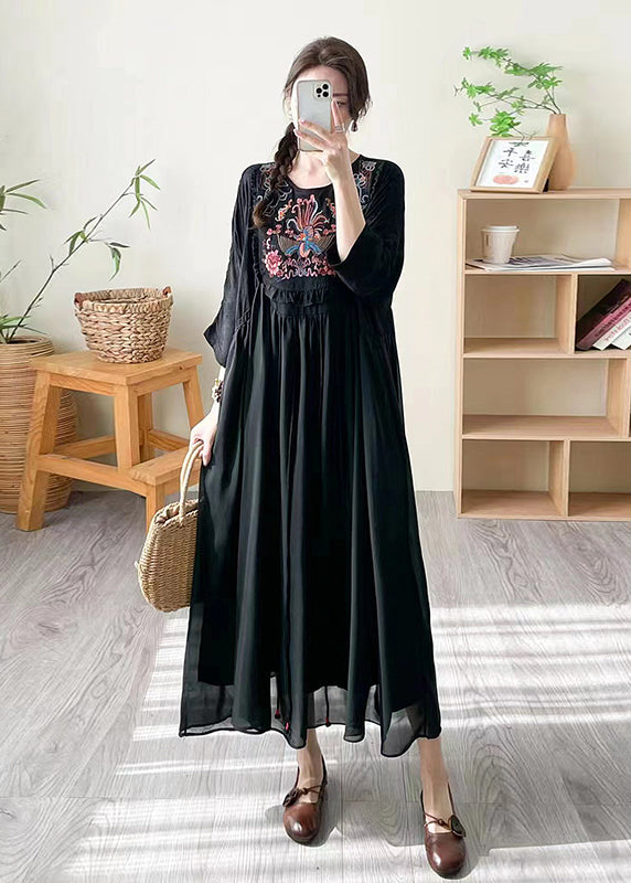 Boho Loose Black O Neck Embroidered Patchwork Silk Dress Summer WW1027