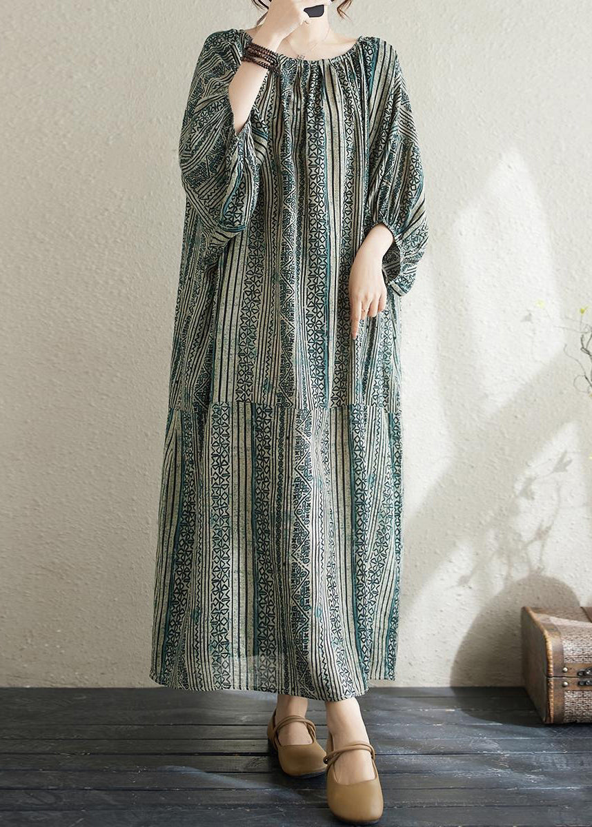 Boho Loose Green O Neck Striped Cotton Long Dress Summer AP037